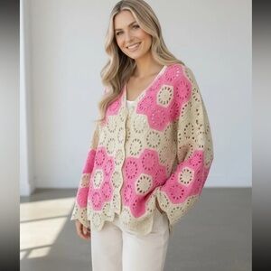 FROM PARIS FRANCE Pink and Cream Floral Crochet Sweater